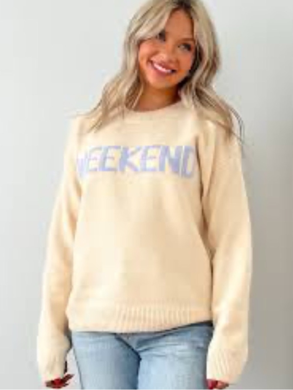 Hem & Thread Cream "WEEKEND" Crewneck Sweater with Lavender Graphic
